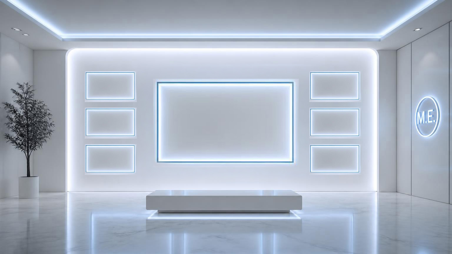 The AR floor: six lit frames on the wall, waiting for whoever steps in front of one.