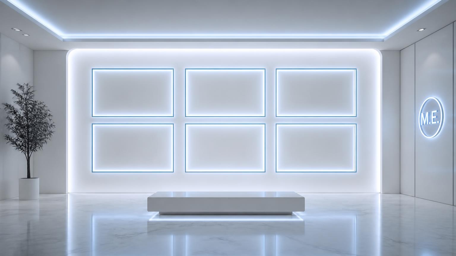 The demo floor: a lit wall of six frames, one for each Echo you can sit down with.
