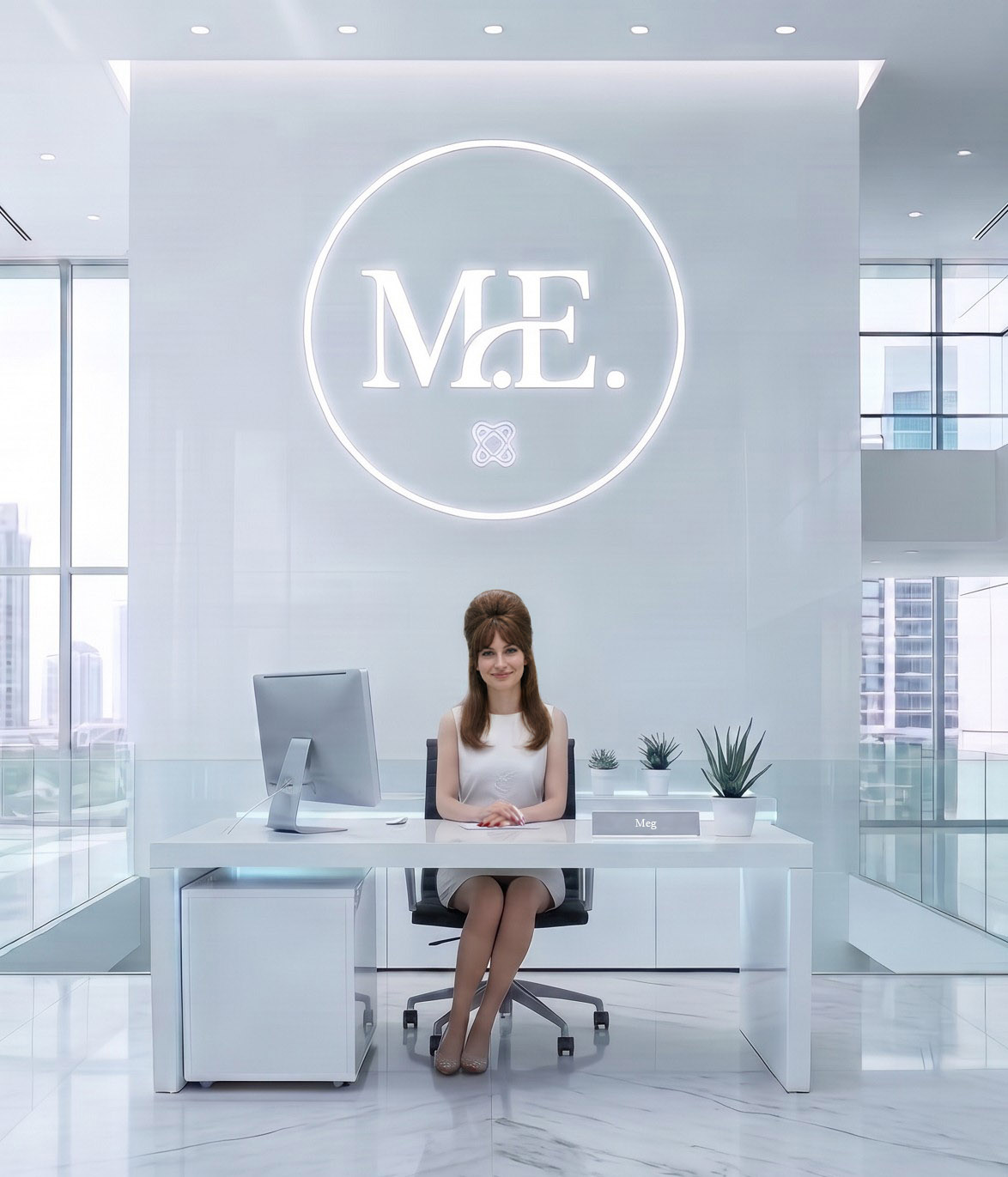 Meg at the front desk of My Echo, a white lobby with the M.E. mark on the wall behind her.